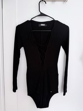 Reformation Black Ribbed Long-Sleeve Lace-Up Bodysuit